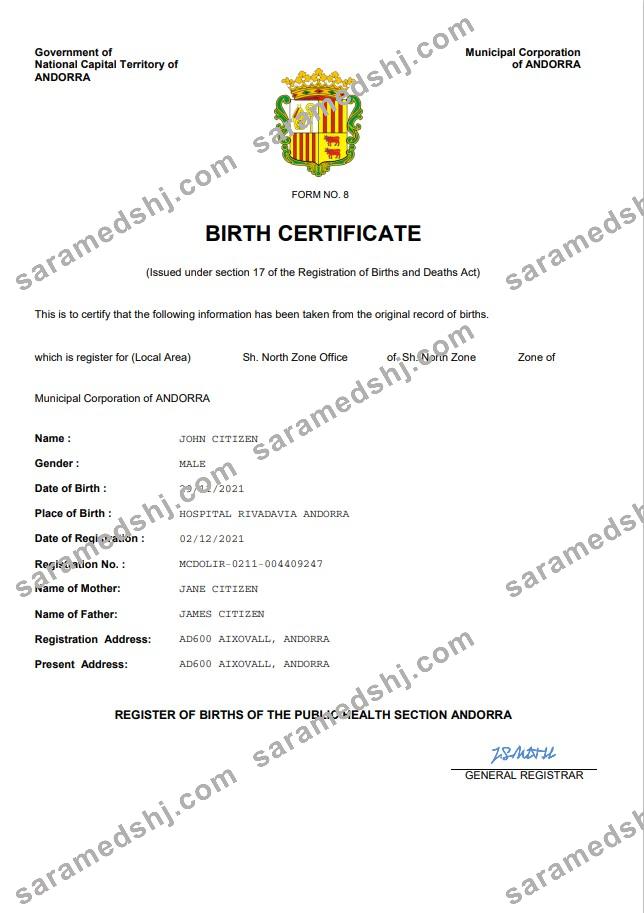 Andorra vital record birth certificate Word and PDF template